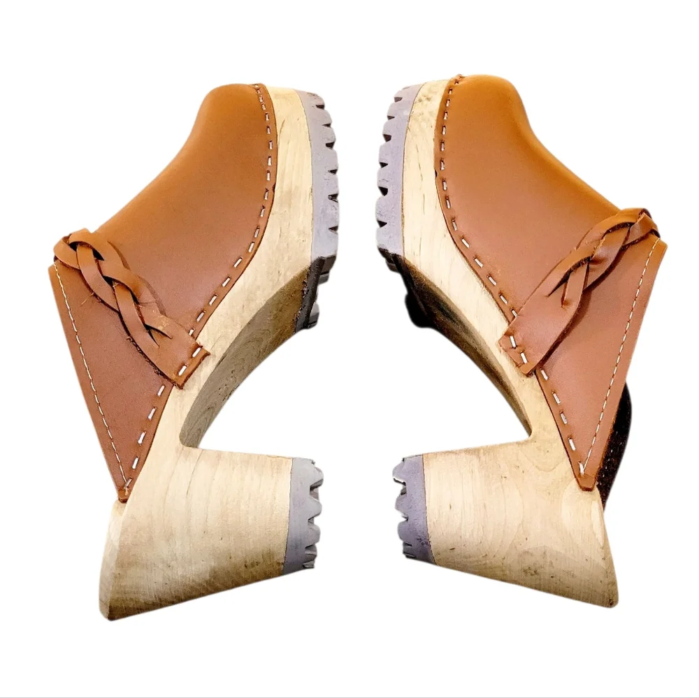 MIA Sweden ELSA Leather Heeled Clogs Mules In Luggage Brown Braided Detail 8 - Picture 3 of 14